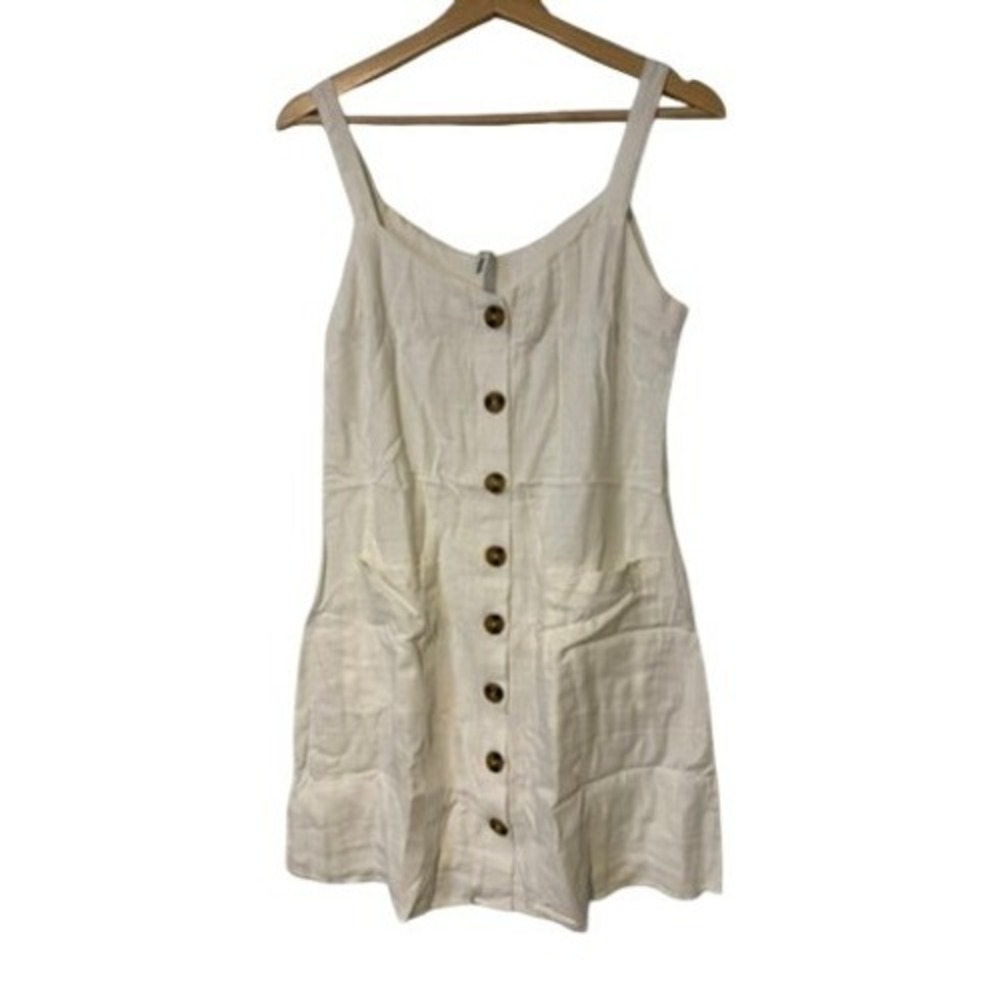 Linen Blend Button Front Mini Dress Women Medium Coastal Beach Cottagecore Boho